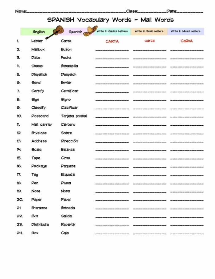 Fourth grade student worksheet for learning Spanish names of common household kitchen appliances