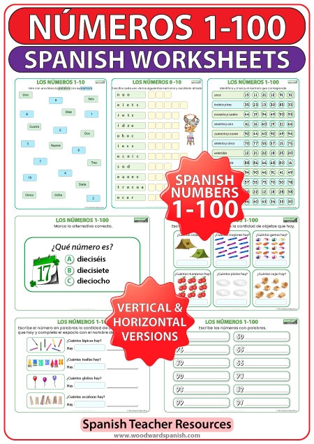 Worksheet for learning numbers 1-100 in Spanish, featuring spelling and counting by tens. Educational resource for second graders to master Spanish numerals.