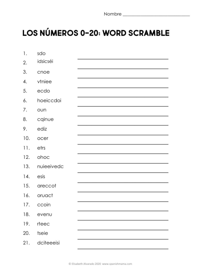 Worksheet featuring numbers 1-100 in Spanish for second graders to practice spelling and counting. Visual guide for learning Spanish numbers from uno to cien with counting by tens.