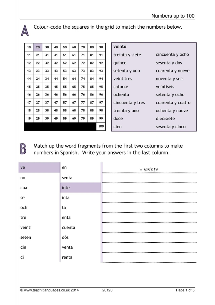 Worksheet for learning numbers 1-100 in Spanish with spelling and counting tips
