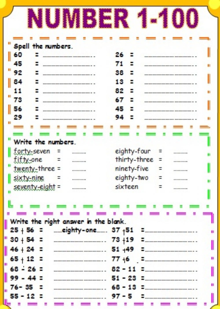 Second grade Spanish worksheet for learning and writing numbers from one to one hundred