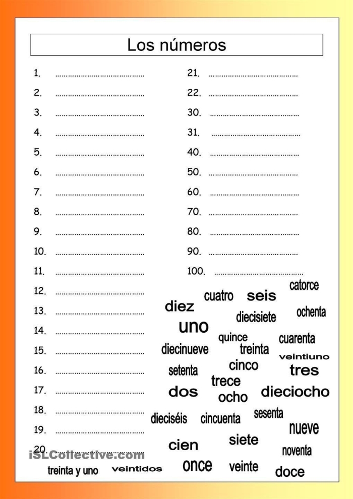 Worksheet for learning numbers 1-100 in Spanish, featuring spelling and counting tips. Visual guide to mastering Spanish numerals from one to one hundred.