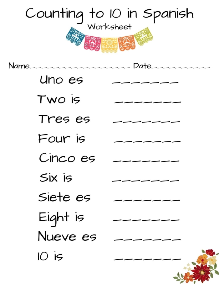 Worksheet for learning numbers 1 to 100 in Spanish with spelling and counting tips