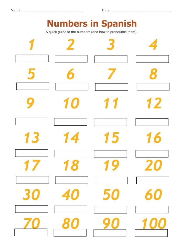 Second grade Spanish worksheet featuring a 1-100 number chart for practicing writing skills