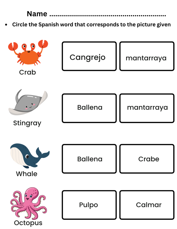 Spanish Sea Creatures worksheet featuring a variety of ocean animals with their Spanish names. Engaging educational resource for fourth-grade students learning about marine life in Spanish.
