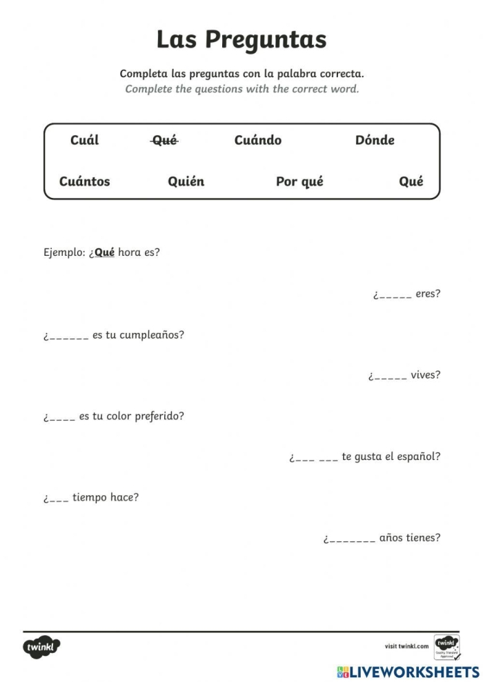 Fourth grade Spanish worksheet showing how to ask and answer questions with proper spelling and punctuation