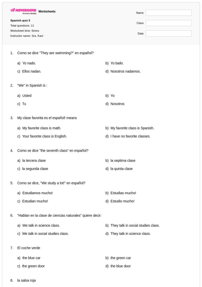 Fourth grade student practicing how to write Spanish questions on a grammar worksheet