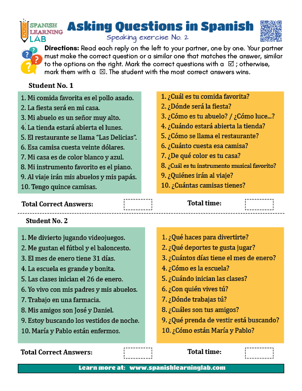 Fourth grade spelling worksheet teaching students how to ask and answer questions in Spanish with example phrases and exercises