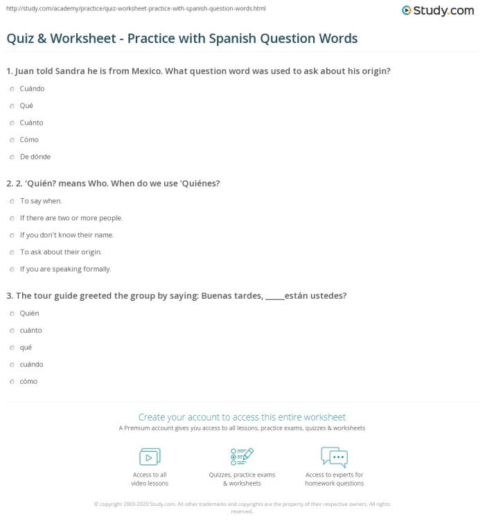Fourth grade Spanish worksheet showing question words and sentence examples for learning to ask questions in Spanish