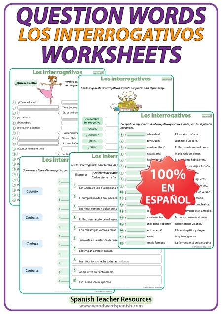Fourth grade Spanish worksheet showing question words and example sentences for asking questions in Spanish