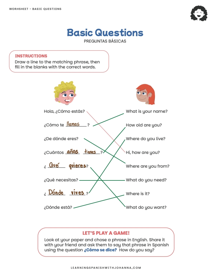 Fourth grade Spanish worksheet showing how to ask and answer questions with proper spelling and pronunciation