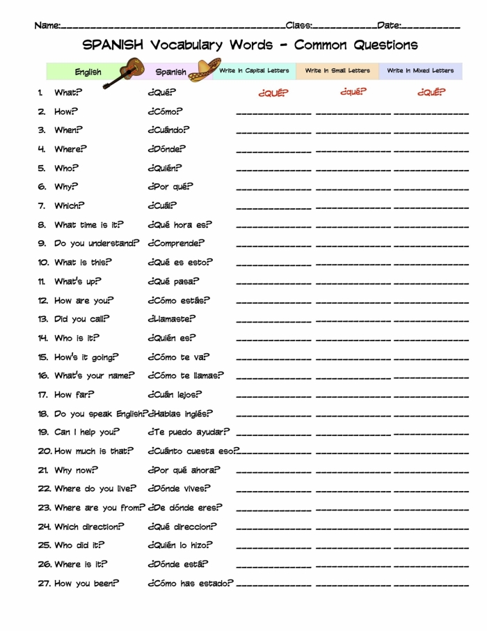 Fourth grade Spanish worksheet for practicing how to form and answer interrogative sentences
