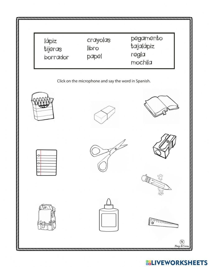 Spanish school supplies worksheet with fill in the blank exercises for students