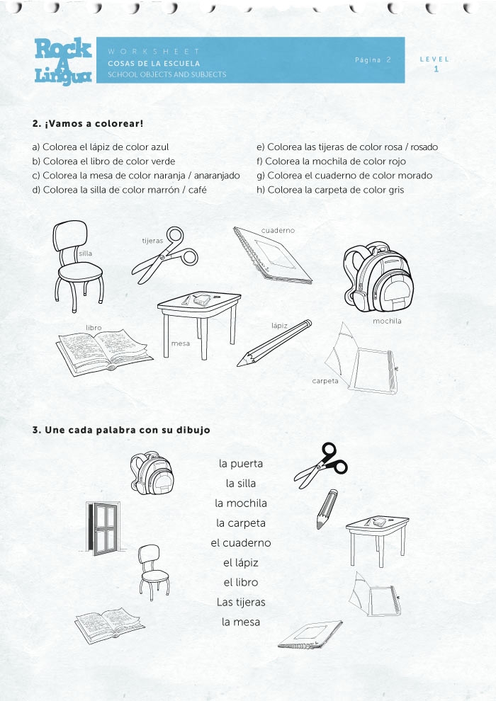 Spanish School Supplies worksheet with fill-in-the-blank sections for students