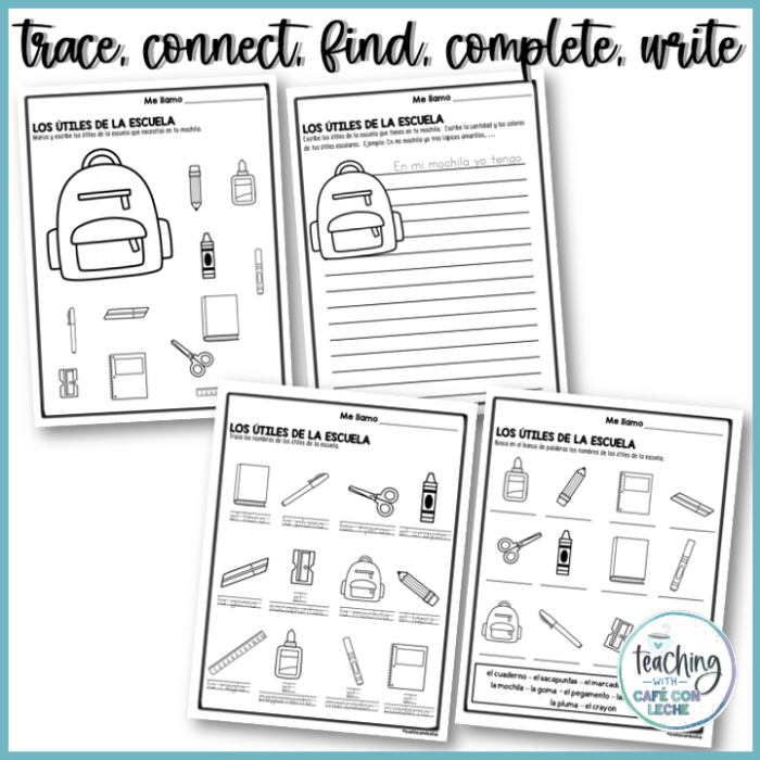 Spanish school supplies worksheet with fill in the blank exercises for students