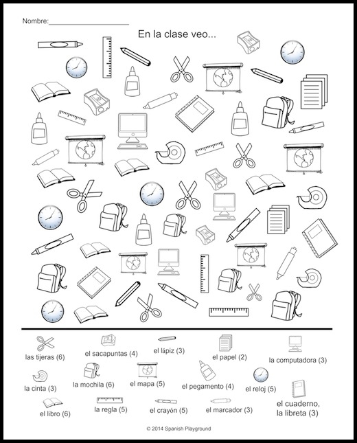 Worksheet image for Spanish school supplies with fill-in-the-blank exercises