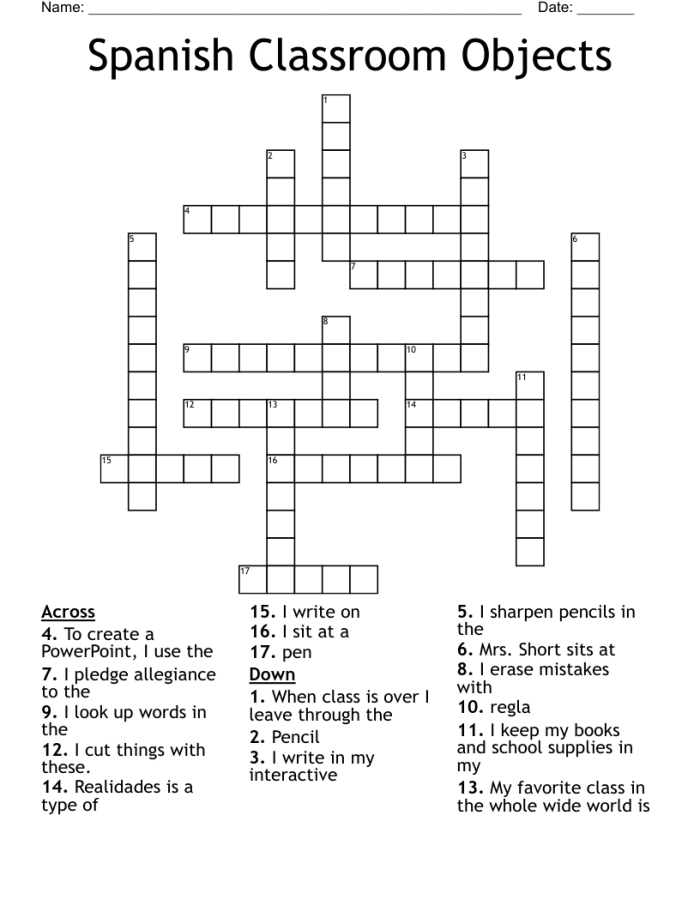 Worksheet featuring Spanish school supplies with fill-in-the-blank activities