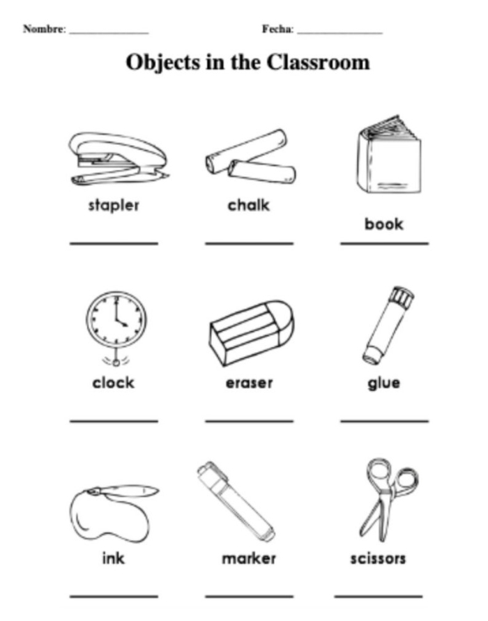 Student completing a fill-in-the-blanks Spanish school supplies worksheet