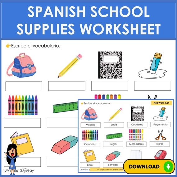 Spanish school supplies fill in the blank worksheet for students
