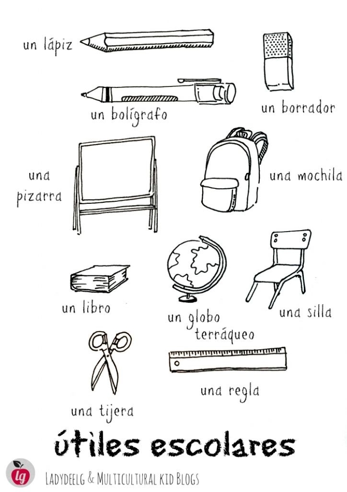 Worksheet featuring a fill-in-the-blank activity for Spanish school supplies
