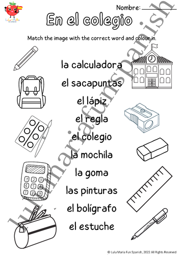 Spanish School Supplies worksheet for practicing vocabulary