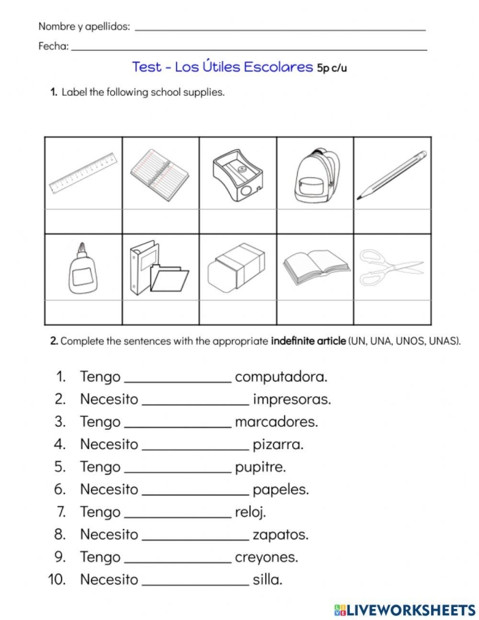 Worksheet featuring a fill-in-the-blank exercise for Spanish school supplies