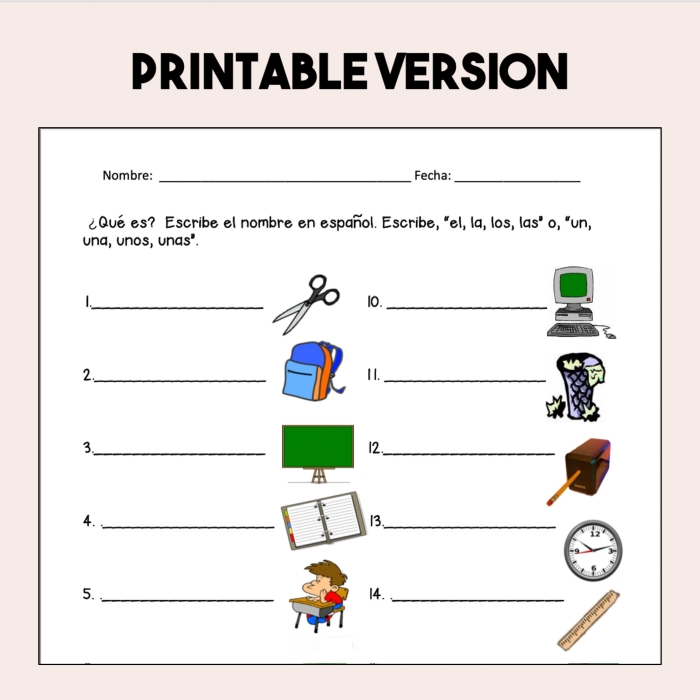 Spanish school supplies worksheet with fill in the blank exercises for students