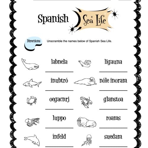 Fourth grade Spanish worksheet featuring a variety of sea creatures to label