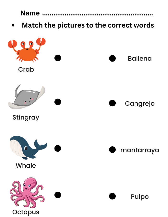 Spanish Sea Creatures vocabulary worksheet for fourth graders
