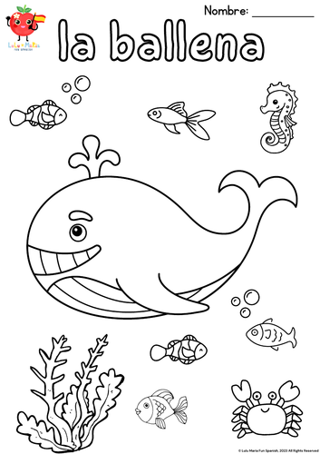 Fourth grade Spanish worksheet featuring vocabulary exercises for sea creatures