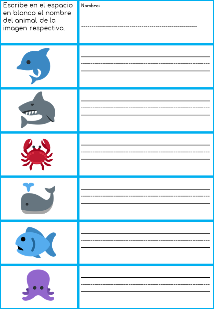 Spanish Sea Creatures worksheet featuring various marine animals and their Spanish names