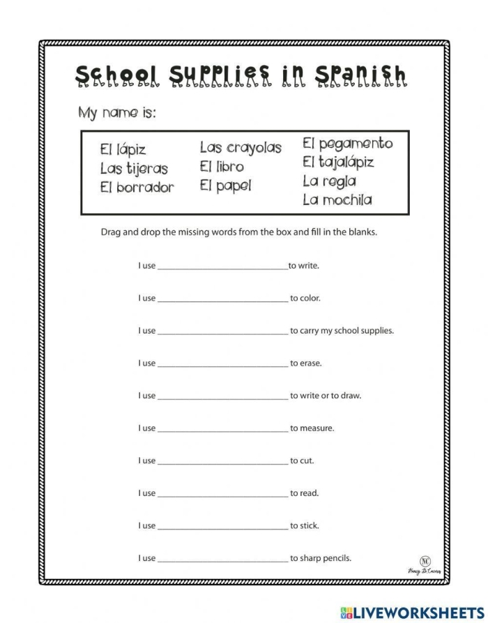 Worksheet featuring Spanish school supplies with fill-in-the-blank prompts