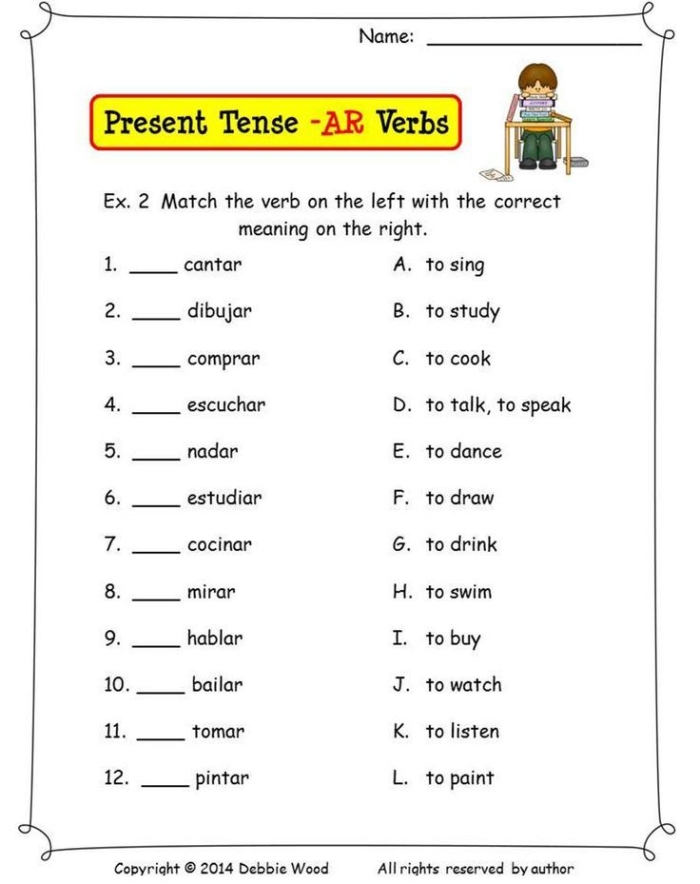 Spanish Verb Tener worksheet example for fourth-grade students