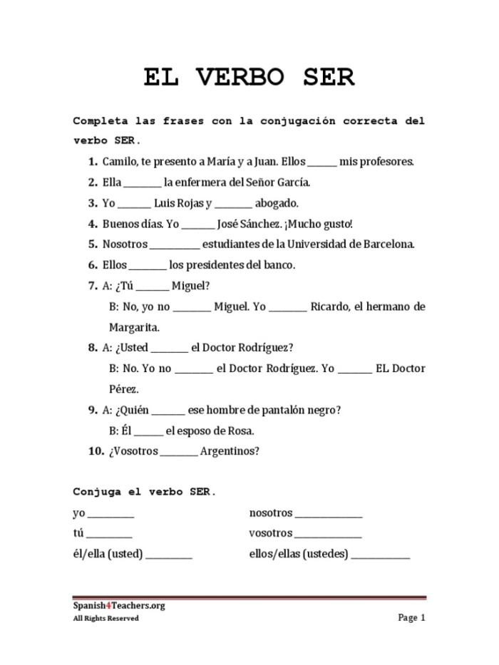 Spanish Verb Ser worksheet for fourth graders exploring the usage of "ser" in sentences