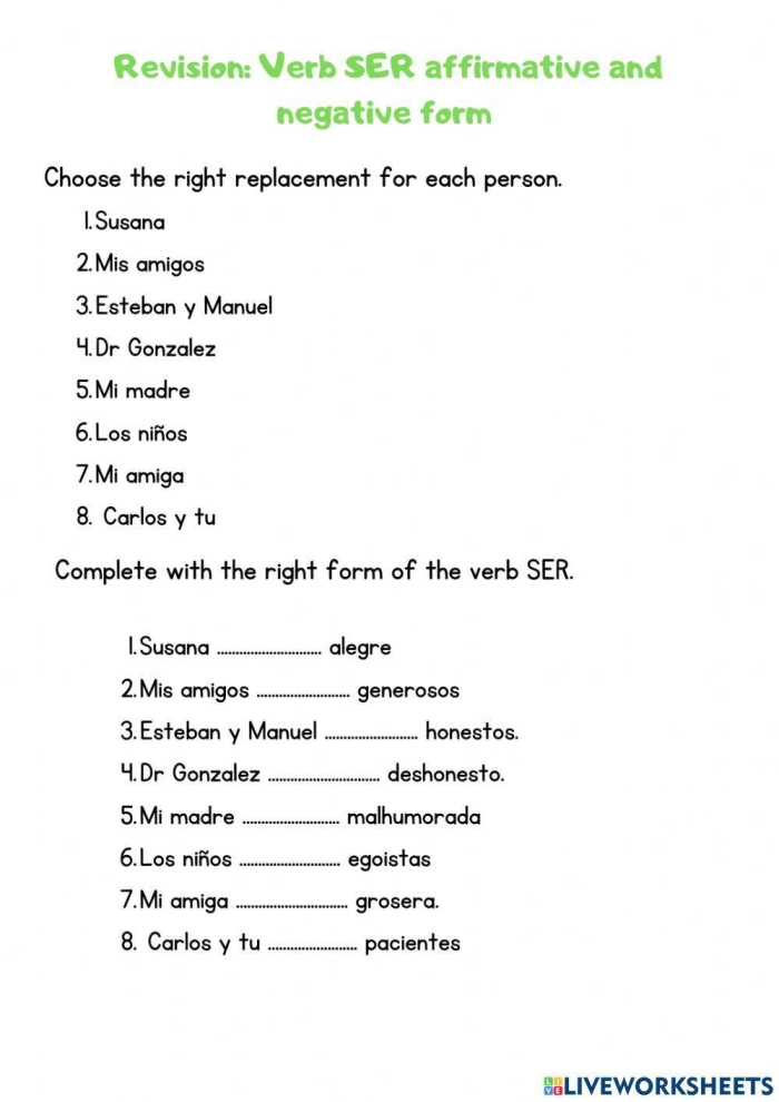 Worksheet for learning the Spanish verb "ser" for fourth graders