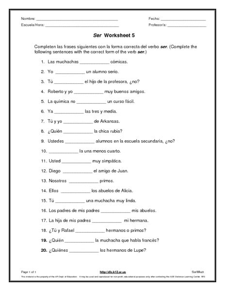 Spanish Verb Ser worksheet for fourth graders focusing on the use of "ser" in sentences