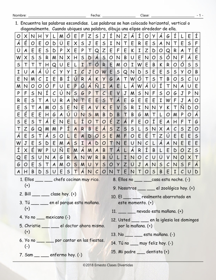 Spanish Verb Ser worksheet illustrating usage examples for fourth graders