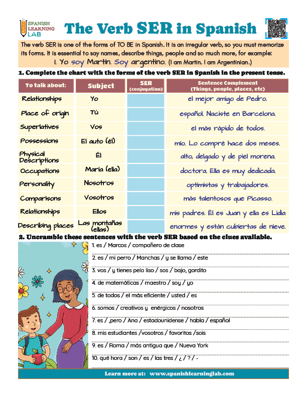 Spanish Verb Ser worksheet for fourth graders focusing on the usage of the verb "ser