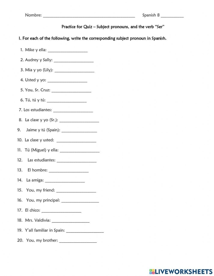 Worksheet focusing on the Spanish verb "ser" for fourth graders learning about its usage