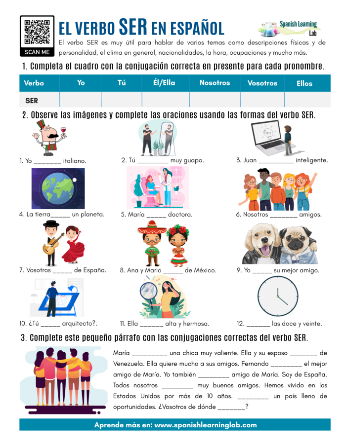 Spanish Verb Ser worksheet focused on helping fourth graders understand its usage