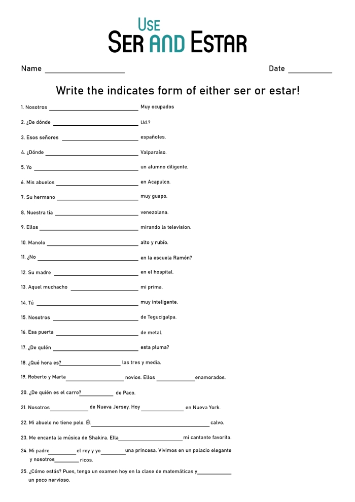 Worksheet on the Spanish verb ser for fourth graders exploring its uses