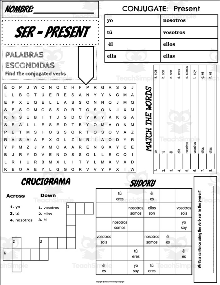 Spanish Verb Ser worksheet for fourth graders focusing on the verb "to be" in Spanish