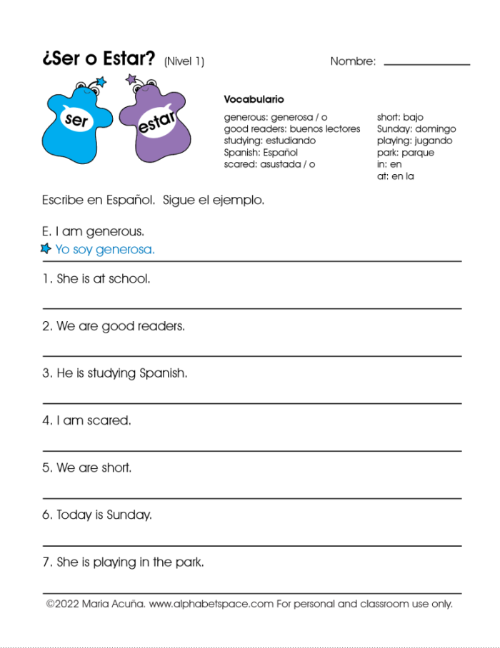 Spanish Verb Ser worksheet for fourth graders focusing on the use of the verb "ser