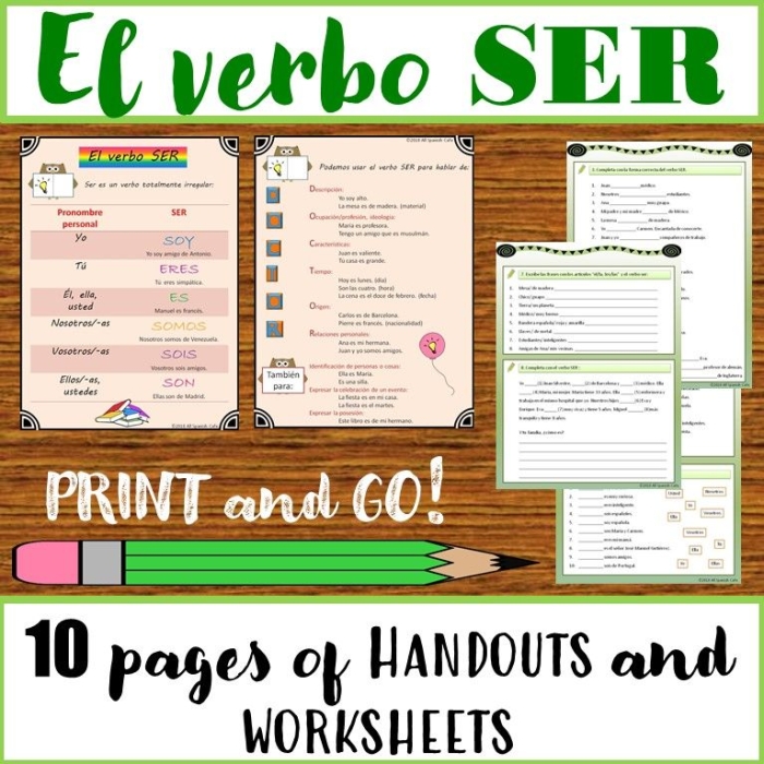 Spanish Verb Ser worksheet for fourth graders focusing on the verb "ser" in Spanish.