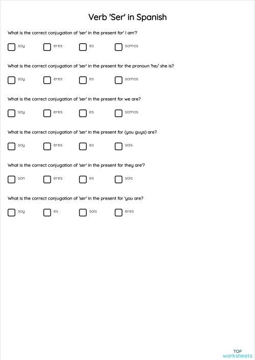Spanish Verb Ser worksheet for fourth graders focusing on the verb "ser" in Spanish. Educational resource illustrating the importance of the verb "to be".
