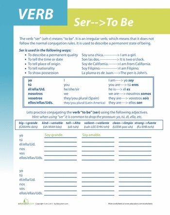 Spanish Verb Ser worksheet for fourth graders focusing on the usage of "ser" in Spanish. Educational resource illustrating the importance of the verb "to be" in Spanish language learning.