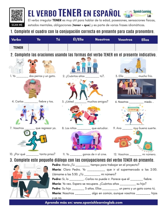 Spanish Verb Tener worksheet for fourth graders illustrating age and emotions