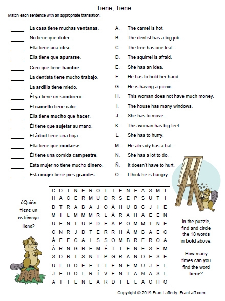 Spanish Verb Tener worksheet example for fourth graders learning unique uses of tener