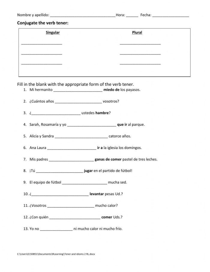 Spanish Verb Tener worksheet for fourth graders highlighting its unique uses
