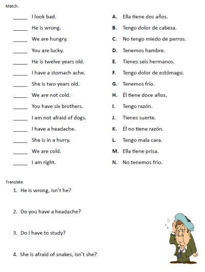 Spanish Verb Tener worksheet for fourth graders exploring age and emotions